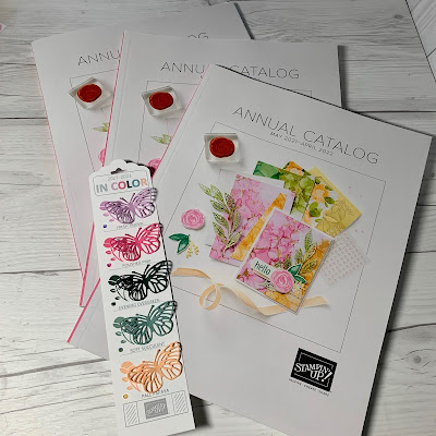 Covers of Stampin' Up! 2021 Annual Catalog and bookmark with 5 new 2021-2023 In Colors