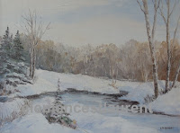 Winter white blanket, 12 x 16 oil painting by Clemence St. Laurent - snow-covered countryside with woods in the background and unfrozen pond in the foreground