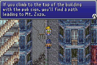 Celes speaks to the only honest man living in Zozo, a dangerous town in Final Fantasy VI.