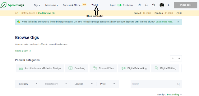 How to find the walllet option when withdrawing money from SproutGigs