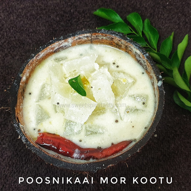 Mor Kootu is a traditional recipe from the South Indian Cuisine.it can be prepared with veg like White Pumpkin (pooshanikai) ,chayote & banana stem, pooshanikaai mor koot, pumpkin mor kootu, poosnikaai pachadi,pooshanikai pachadi , kumbalkaai pachadi, poosanikkai more kootu