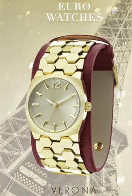 relógio Euro Watches feminino pulseira couro vermelho e metal dourado