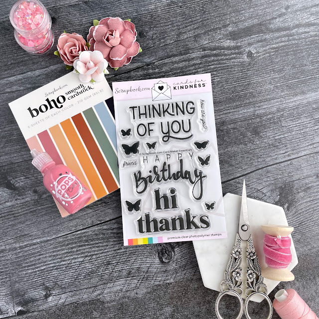 Scrapbook. com Creative Kindness Bundle: cards for kindness stamp set, boho smooth cardstock, dusty rose pops of color