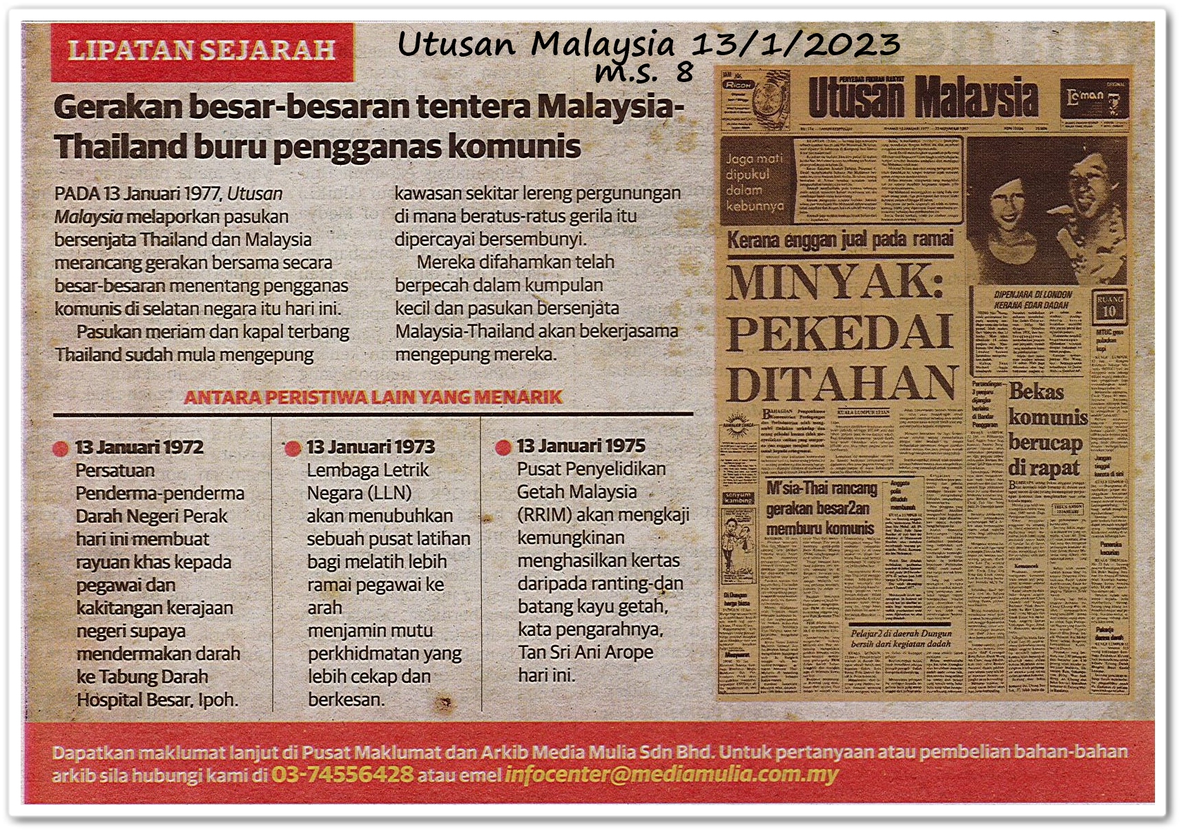 Lipatan sejarah 13 Januari - Keratan akhbar Utusan Malaysia 13 Januari 2023