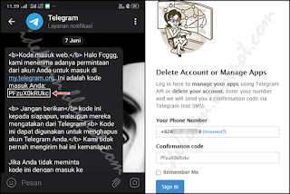 Memasukkan nomor akun Telegram dan kode verifikasi