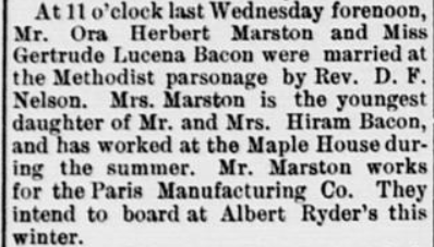 Ora Marston and Gertrude Bacon are married on 12/30/1894