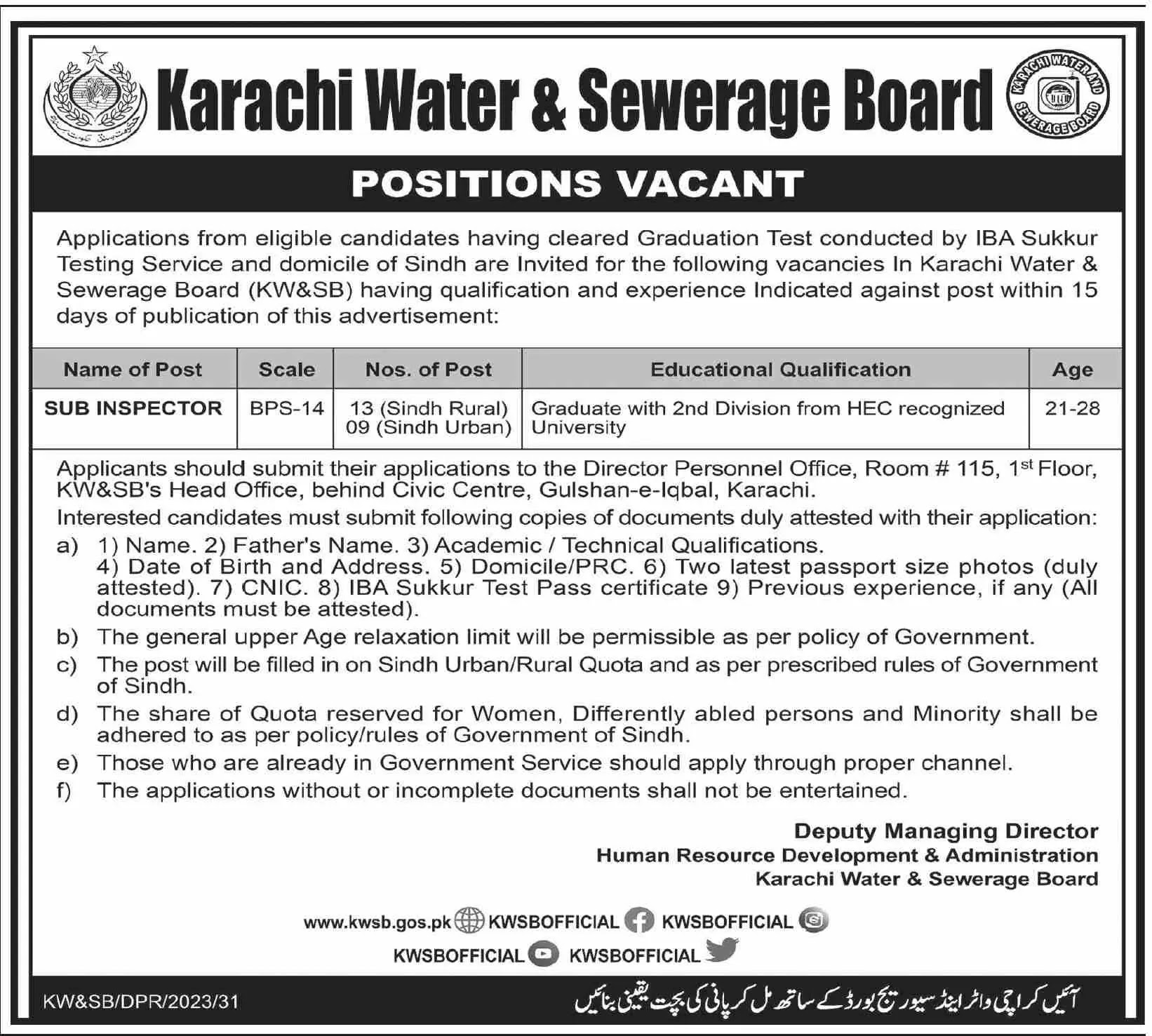 Karachi Water & Sewerage Board Jobs