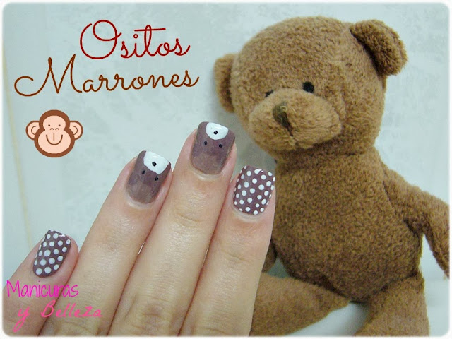 manicura marrón con ositos marrones y puntos blancos uñas nail art brown bear polka dots nails notd masglo intuitiva