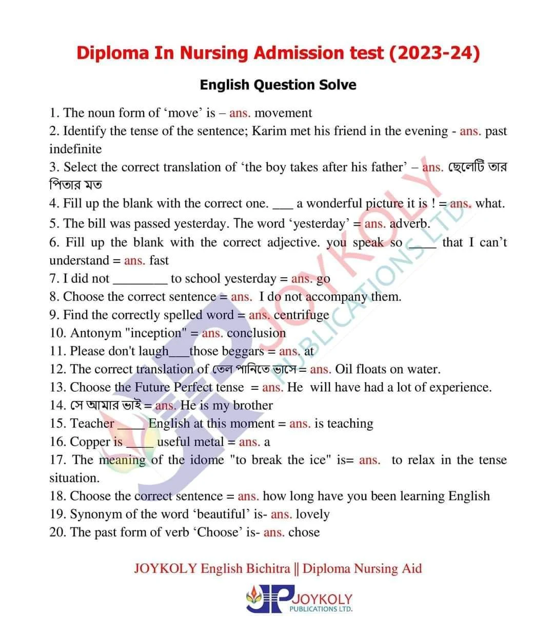Nursing Admission Question Solution PDF