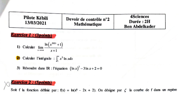 فرض من المعهد النموذجي Devoir de controle n2 Mathematique 4sciences