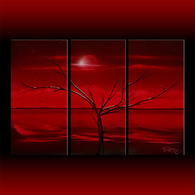 Red art deco landscape painting. triptych 20x30. three canvases 10x20