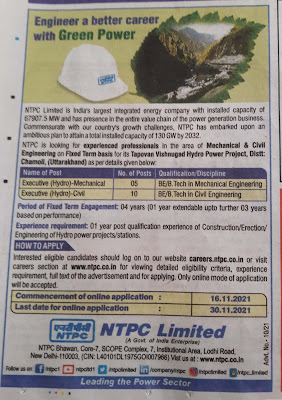 NTPC Limited is looking for experienced professionals in the area of Mechanical and Civil Engineering on Fixed term basis for its Tapovan Vishnugad Hydro Project, Distt: Chamoli, Uttarakhand as per details that attached here.