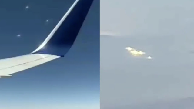 Here's 2 groups of UFOs with 7 UFOs in total filmed from an airplane window over a desert.