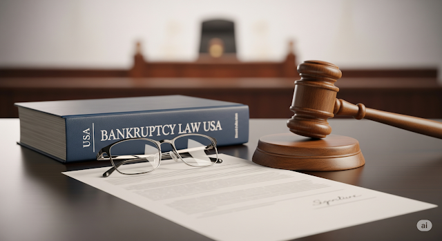 Bankruptcy law book, gavel, and legal paperwork on a lawyer’s desk inside a courtroom.
