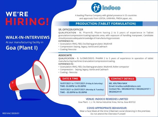 Indoco Remedies | Walk-in interview from 16th to 20th July 2021 at Goa