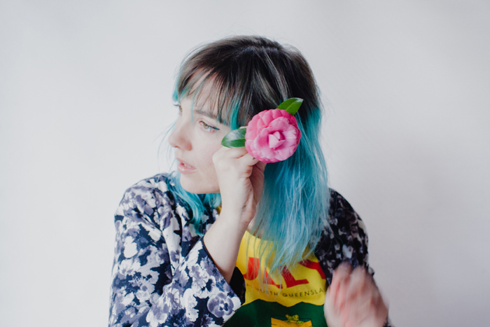 pink flower blue hair