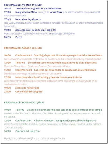 PROGRAMA 1er Congreso Mundial Coaching Deportivo en Barcelona del 19 al 21 Junio 2015.