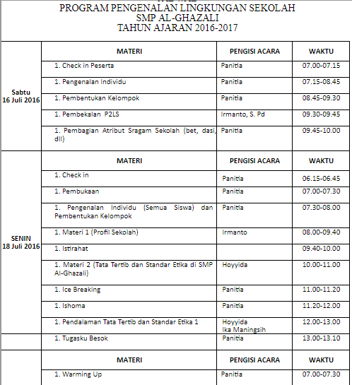 Contoh Jadwal Masa Pengenalan Lingkungan Sekolah (MPLS 