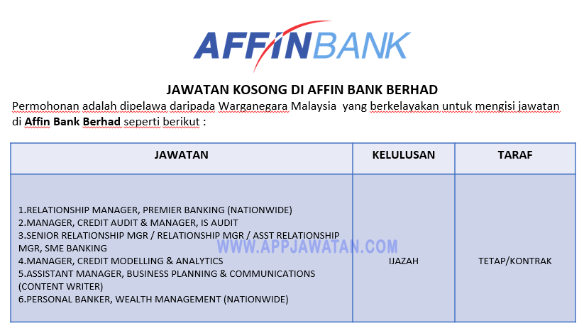 Jawatan Kosong Di Affin Bank Berhad Appjawatan Malaysia