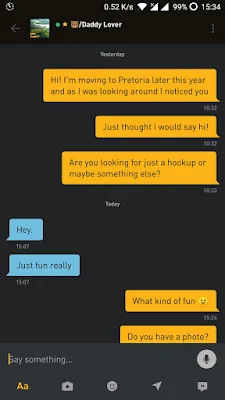 Screen shot of my interaction with Lwanda on the Grindr app, him saying he is after "fun"
