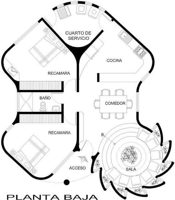 PLANO Y FACHADA DE CASA QUE TIENE UNA PARTE EN FORMA DE REGUILETE