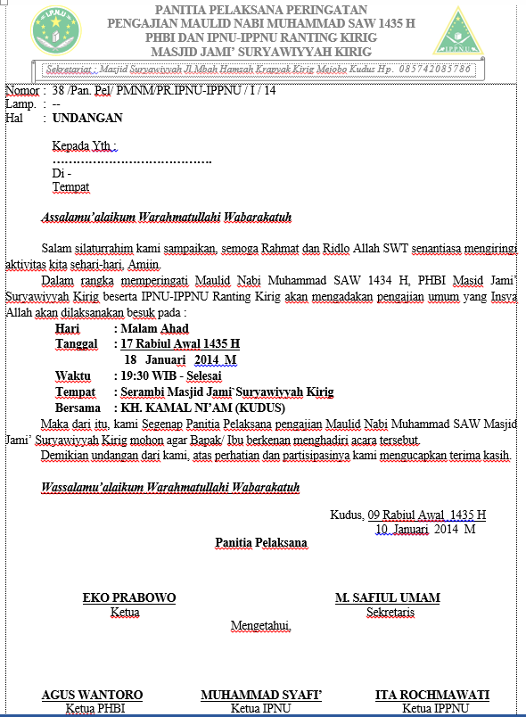 UNDANGAN MAULID NABI UNTUK TOKOH MASYARAKAT DAN PAC. IPNU 