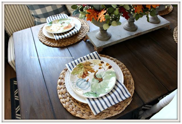 Fall- Pumpkin -Plates-French- Country -Tablescape- Cottage-Famrhouse-Blue-White-Decor--From My Front Porch To Yours