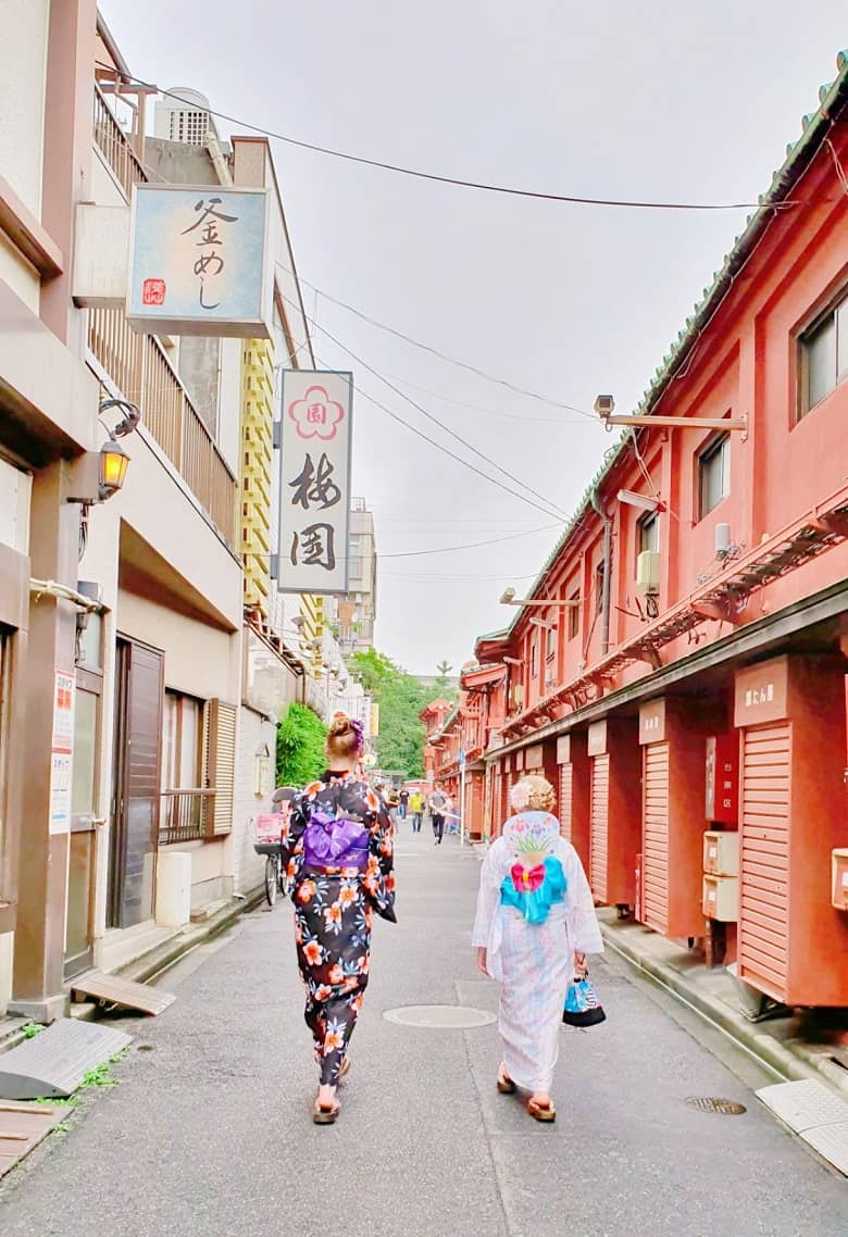 wearing kimono around Sensoji Temple, Asakusa