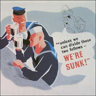 Propoganda cartoon of two U.S. saliors drinking with Hitler stating unless we can divide those two fellows, we're sunk!