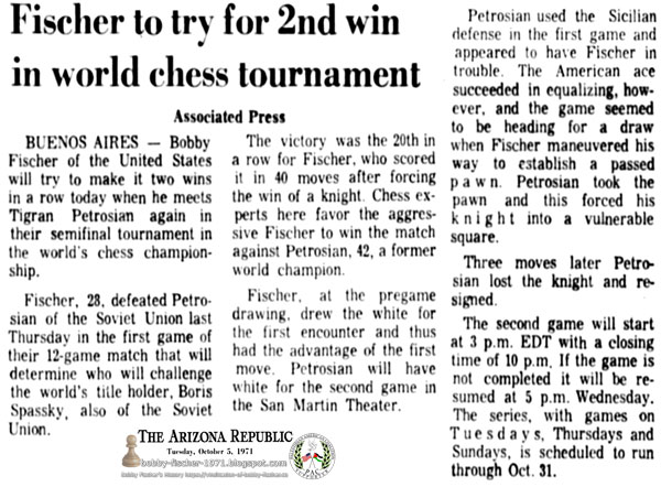 Fischer to Try For 2nd Win In World Chess Tournament