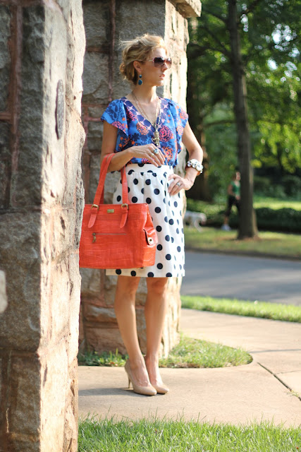 Ann Roth Shoes ODBF Tote, J. Crew Big Shot Dot Skirt, Anthropologie Shirt, Steve Madden Nude Pumps, Blinde Sunglasses, Bauble Bar Boho Drops