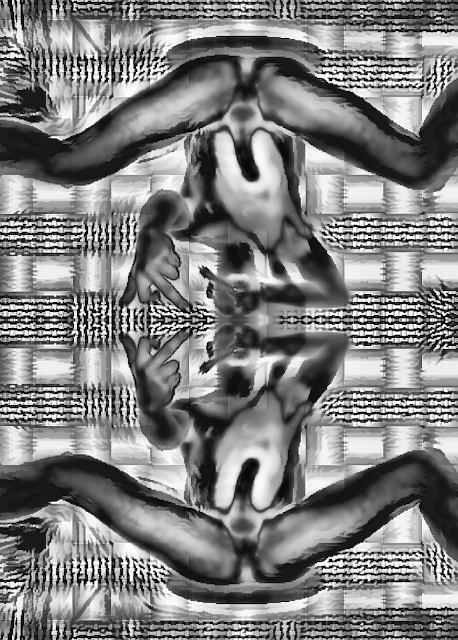 Design of naked man with a hard cock giving the middle finger in silver overtones of surrealness split in two from north and south