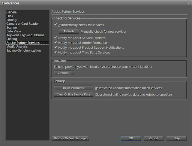 During this period I have seen lot of issues related to Online Services, but most of them sorted out with very small workarounds. Let's be clear on the main thing - Online-Services : IN Adobe Photoshop Elements, there are many hook-points with some external service providers like Facebook, Flickr etc. All these are called as Online-Services in Adobe Photoshop Elements.Here are some of the online services which I can think of -KodakSmugmugShutterflyFacebookFlickrPhotostampsCEVIANow if you ever face some problem with any of those, a generic workaround which has worked most of the times for forum-users is to reset preferences for Online Partner Services. Here are some simple steps to follow:-1. Launch Organizer2. Open Preferences through Edit Menu or shortcut CTRL+K3. Go to Online Partner Services4. Click on 'Clear Online Services Data'5. Click on 'Reset Accounts'6. Relaunch Organizer and try !!!Hope it works for you and if not share more inputs throug comments.