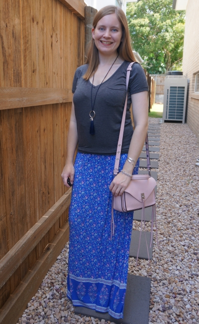 spring SAHM outfit with dark grey tee and pink floral print maxi skirt pastel rebecca minkoff bag | away from blue