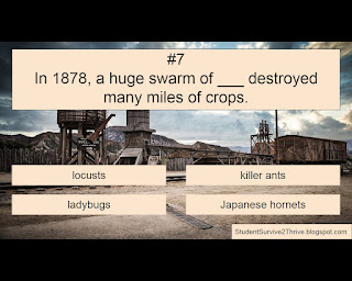 In 1878, a huge swarm of ___ destroyed many miles of crops. Answer choices include: locusts, killer ants, ladybugs, Japanese hornets