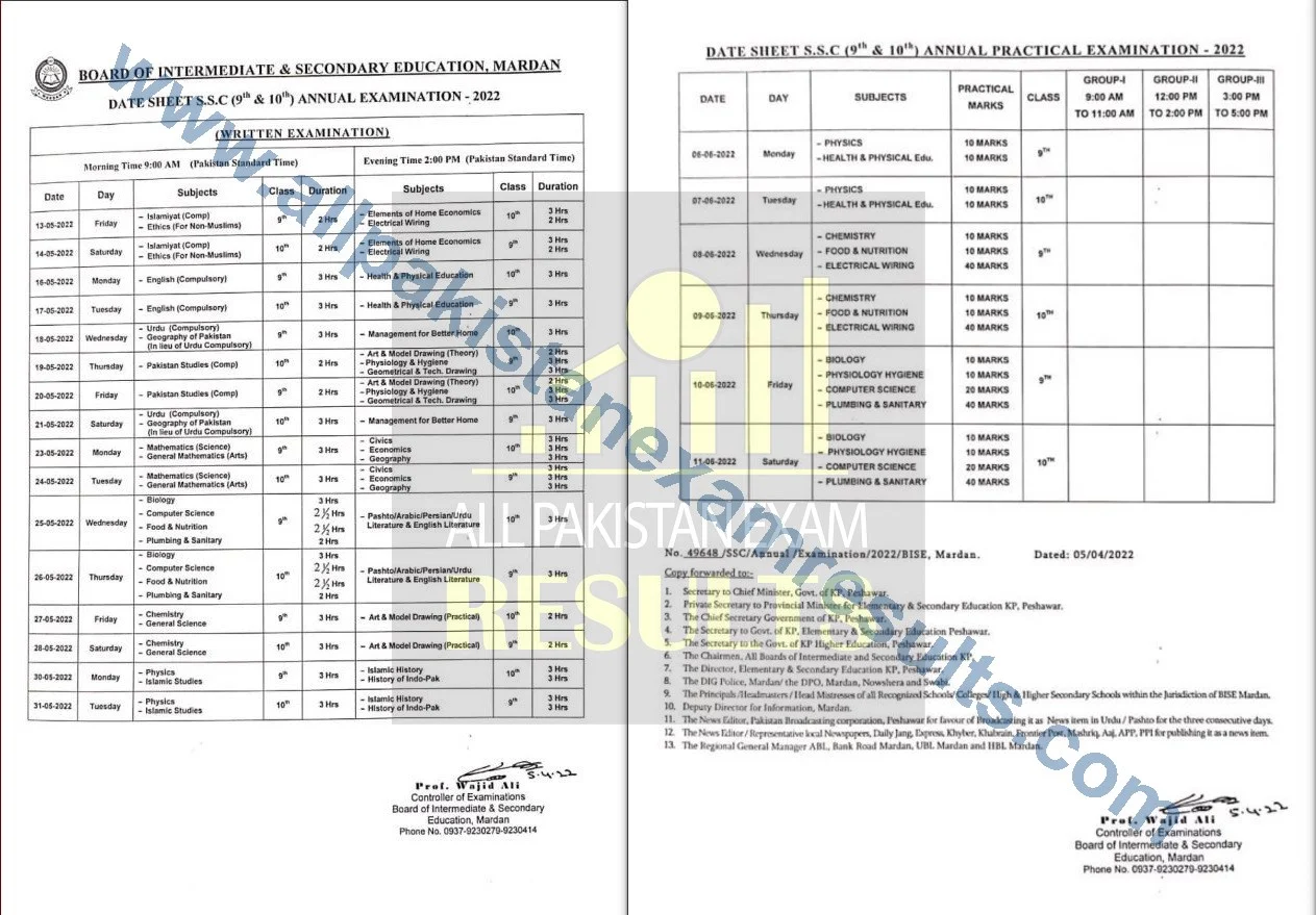 Date Sheet 2022 Class 9th & Class 10th Mardan Board Annual Exam