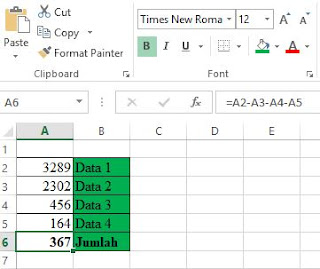rumus pengurangan exel ke bawah