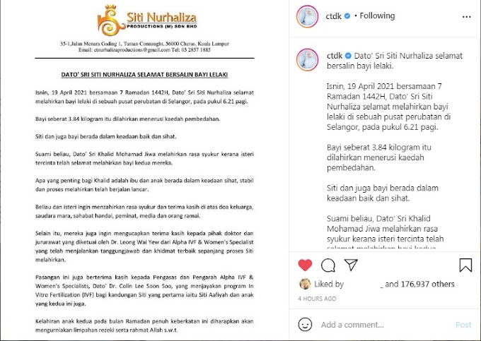 Tahniah Dato' Sri Siti Nurhaliza Selamat Bersalin Bayi Lelaki