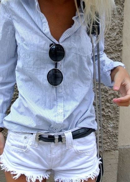 cute street style outfit: shirt + white shorts