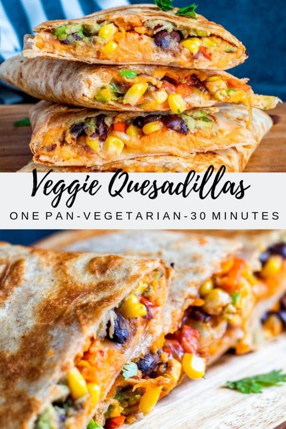 These Vegetarian Quesadillas are the perfect quick 30 minute, one pan dinner or lunch recipe. Filled with sweet potato, black beans, avocado, corn, peppers and cheese these are super tasty and healthy. Perfect for both kids and adults! #erhardtseat #Vegetarian #30minutemeal #onepan #Mexican #Quesadillas