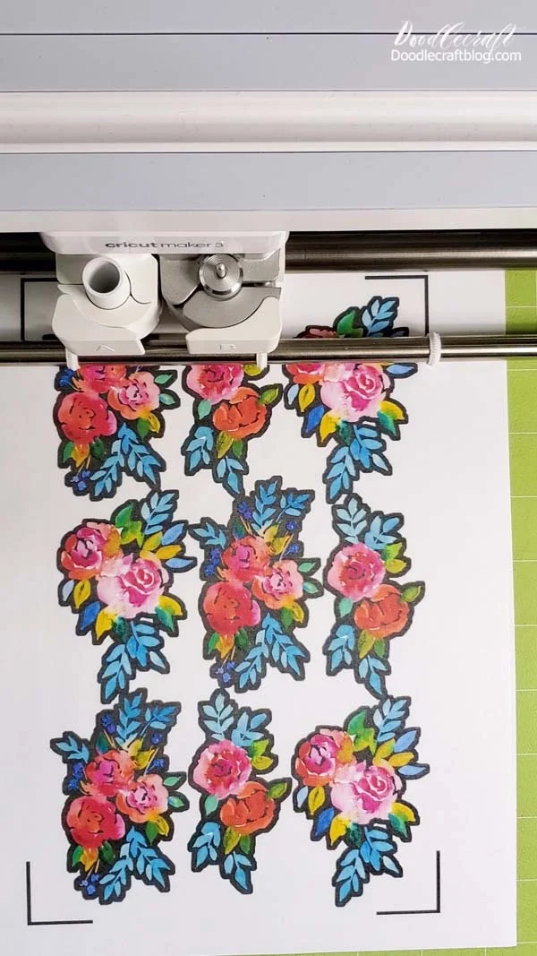Insert the mat into the Cricut.   Select "Printable Sticker Paper" as the material.   This Print and Cut method works with the Cricut Maker, Cricut Maker 3, Cricut Explore Air 2 and the Cricut Joy Xtra.   The Cricut will register the calibration marks and then begin cutting the stickers, but not the backing!
