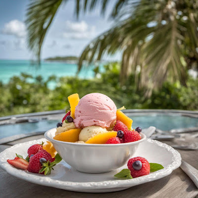 ice-ream and fruit on patio table overlooking the sea