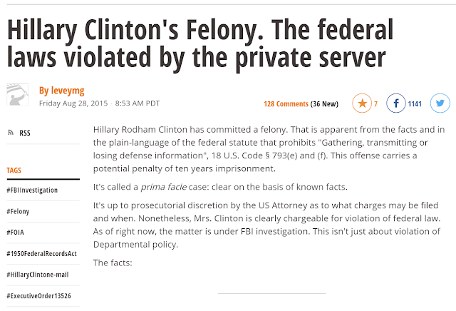 Daily Kos, Hillary Clinton's Felony, August 28, 2015.