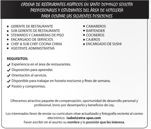 Cadena de Restaurante tienen 11 Vacantes Aplica!!