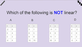 Which is not linear: a. x values are -2,0,2,-2 and y values are 6,4,2,0  b. x values are 3,6,9,12 and y values are 1,5,9,13  c. x values are -11,0,11,22 and y values are -1,0,1,2  d. x values are 4,2,0,-2 and y values are -2,0,2,4