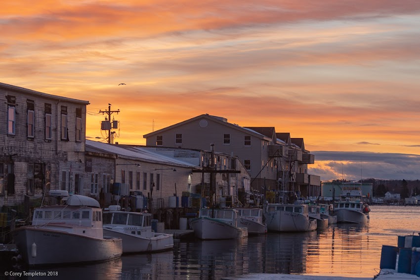 Portland, Maine USA November 2018 photo by Corey Templeton of sunrise over classic view of Custom House Wharf in the Old Port.