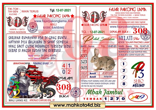 Syair Prediksi Fajar Pakong Lama Senin, 12 - Juli - 2021