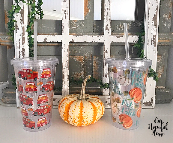 Dollar Tree insulated lidded tumblers straws pumpkin