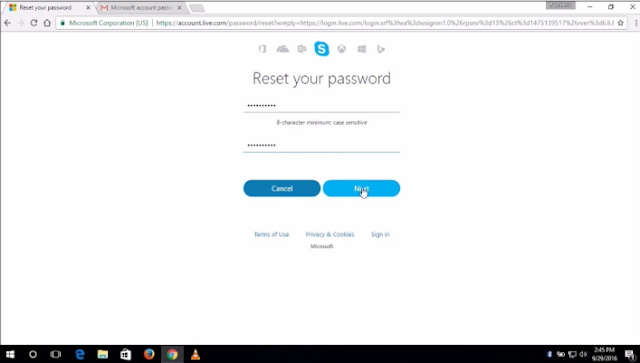 Skype password reset