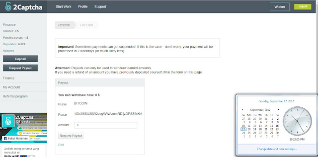 Pending Payout penarikan Bitcoin di 2Captcha September 2017